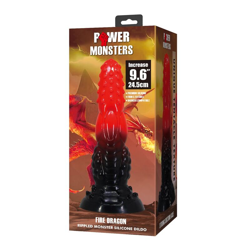POWER MONSTERS - DILDO FANTASY DRAGO DI FUOCO CON VENTOSA 24,5 CM Ø 5,8 CM ROSSO E NERO